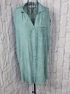 Umgee Button Front Shirt Dress Teal Gauze Fray Hem Boho XL